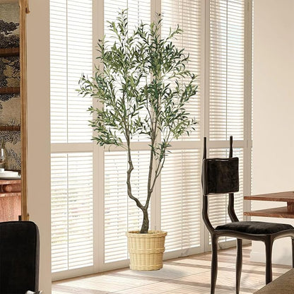 7.55ft Artificial Olive Tree, Faux Olive Tree with Lifelike Fruits, 90.55in Fake Olive Tree with Sturdy Plastic Pot, Artificial Plants for Office Home Living Room Indoor Outdoor Decor