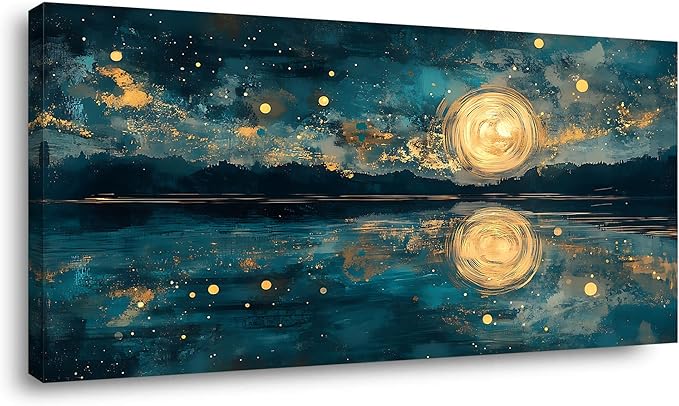Moon Sea Ocean and Stars Canvas Wall Art -Moonrise at Sea Night Landscape Scene Printing, Moon & Lake Abstract Nature Artwork for Living Room, Bedroom & Coastal Home Décor, Ready to Hang 32L" x 16W"