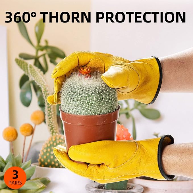 Vgo... 3-Pairs Unlined Cow Grain Leather Work and Driver Gloves with Cow Split Leather Palm Patch (Size L, Gold,CA9590)