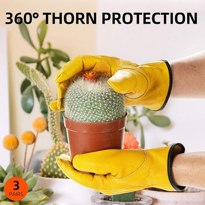 Vgo... 3-Pairs Unlined Cow Grain Leather Work and Driver Gloves with Cow Split Leather Palm Patch (Size L, Gold,CA9590)