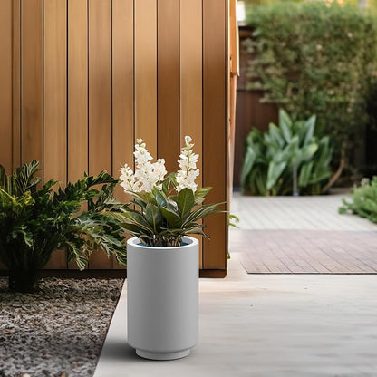 Kante 15.7 Inch Tall Concrete Planter, Round Pedestal Design Garden Pot for Indoor Outdoor Plants, Modern Garden Pot with Drainage Hole, White Finish with Painted Interior