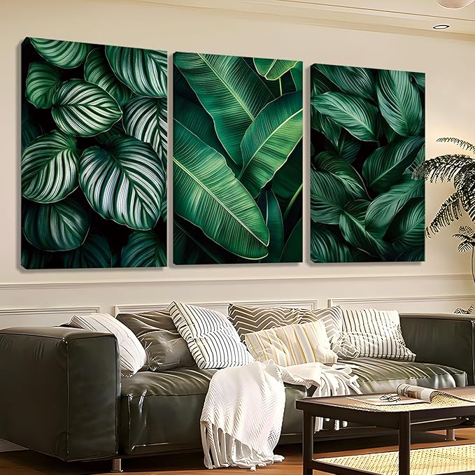 Emerald Green Leaf 3-Piece Canvas Wall Art – Nature-Inspired Tropical Plant Print for Living Room, Bedroom & Office – Modern Botanical Décor, Ready to Hang (24" x 36" x 3 pcs)