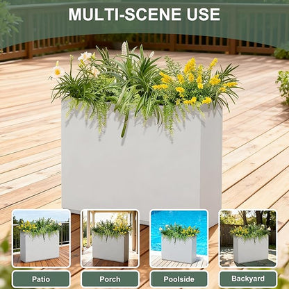 Large Metal Planters for Outdoor Plants, Tall Rectangular Outdoor Planter Box for Patio, Garden, with Drainage Holes (35" L x 9" W x 26" H, White)
