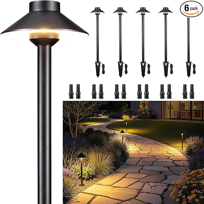 Gardenreet Brass Low Voltage Pathway Lights - 12V LED Landscape Path Lighting, Walkway Light Waterproof IP65, Hat Shaped Wired ‎Classic Black for Outdoor Entrance Garden G4 Bulb Not Included (6 Pack)