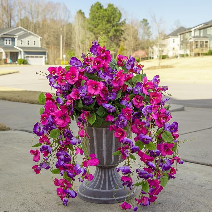 Fake Hibiscus Artificial Hanging Flowers Plants for Outdoors Spring Decoration, 2pcs Silk Hibiscus Vines Realistic UV Resistant Purple Faux Flowers for Outside Planter Porch Patio Yard Wedding Party