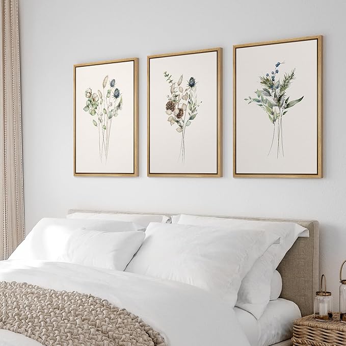 Ashbrook Framed Canvas Print Wall Art Set Wildflower Bouquet Nature Wilderness Illustrations Modern Art Decorative Floral Botanical Minimal Calm/Relax/Cozy for Bedroom - 24"x36"x3 NATURAL