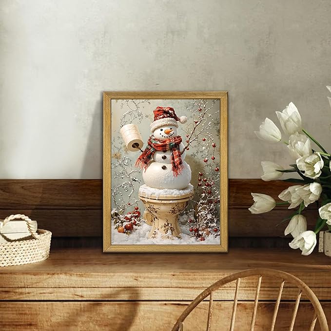 Vintage Snowman Christmas Wall Art, Cute Snowman Canvas Prints Poster, Winter Farmhouse Painting Artwork Picture, Rustic Holiday Christmas Wall Decor for Living Room Bathroom 8x10 Inch Framed