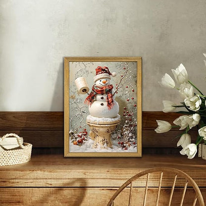 Vintage Snowman Christmas Wall Art, Cute Snowman Canvas Prints Poster, Winter Farmhouse Painting Artwork Picture, Rustic Holiday Christmas Wall Decor for Living Room Bathroom 8x10 Inch Framed