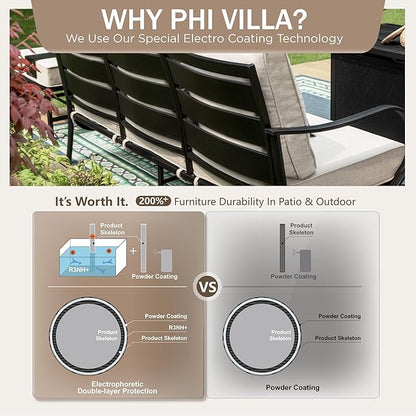 PHI VILLA 6 Piece Patio Furniture Sets with 1 x 3 Seater Padded Deep Seating Bench, 2 x C-Base Cushioned Sofa Chairs, 2 x Leg Sofa Chairs and 1 x Coffee Table, Outdoor Metal Furniture Set for 7