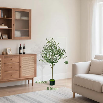 4 FT Olive Trees Artificial Indoor, Faux Olive Tree 4ft with Natural Wood Trunk Branches and Lifelike Fruits, Realistic Fake Tree Artificial Plants Tall with Planter for Home Office Decor