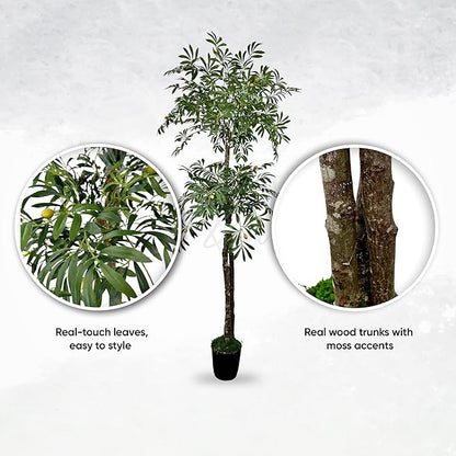 Cypress & Alabaster Handmade 6.5ft Artificial 2-Tier Olive Tree with Real Wood Trunks, Hypoallergenic, 6.5 Foot, Green