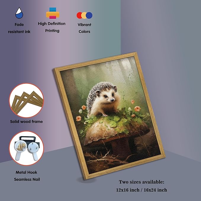 SAMHOU Framed Hedgehog Decor Painting, 3D Textured Hand Drawn Sandstone Wall Art, Vintage Rustic Woodland Cottagecore Wall Decor, Cute Animal Nursery Print Oil Paintings 16''x24''