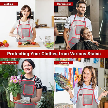 Waterproof Work Apron for Chefs, Hair Stylists, Artists, Gardeners, Adjustable, Multi-Pockets, TPU Mesh Fabric, Plus Size