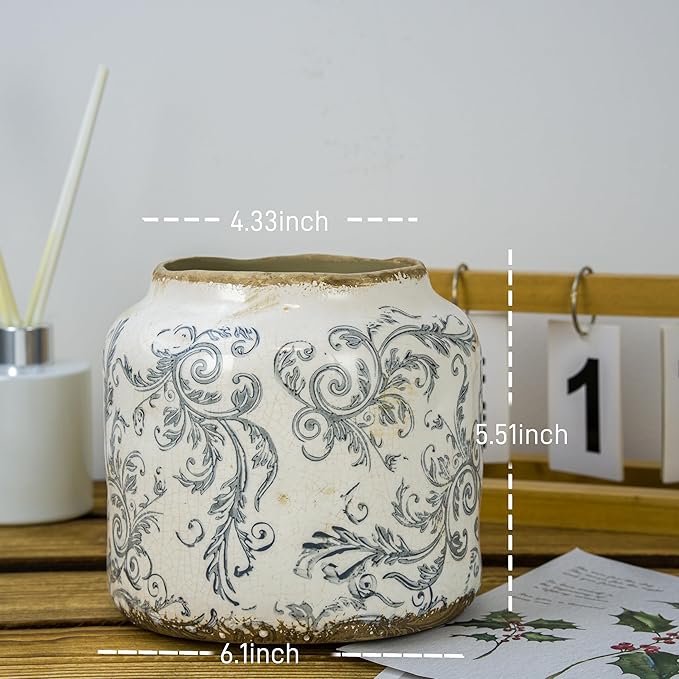 Ceramic Pot for Plant,Crackle Glaze Vintage Plant Pots with Drainage Hole,5.51inch Corrugated Surface Planter for Indoor (Gray)