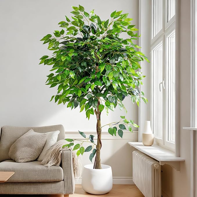 Artificial Ficus Tree 6FT Artificial Plants Indoor Fake Ficus for Indoor Home Decor, 150% Foliage Density Realistic Faux Tree Fake Floor Plant with Leaves for Living Room, Office, House Plant