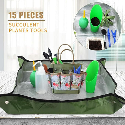 G GOOD GAIN Garden Succulent Kit with Organizer Bag, 15Pieces Succulent Tools, Indoor Mini Hand Gardening Tools Set with Carrier for Bonsai Planter Miniature Fairy Planting Care(Rose)