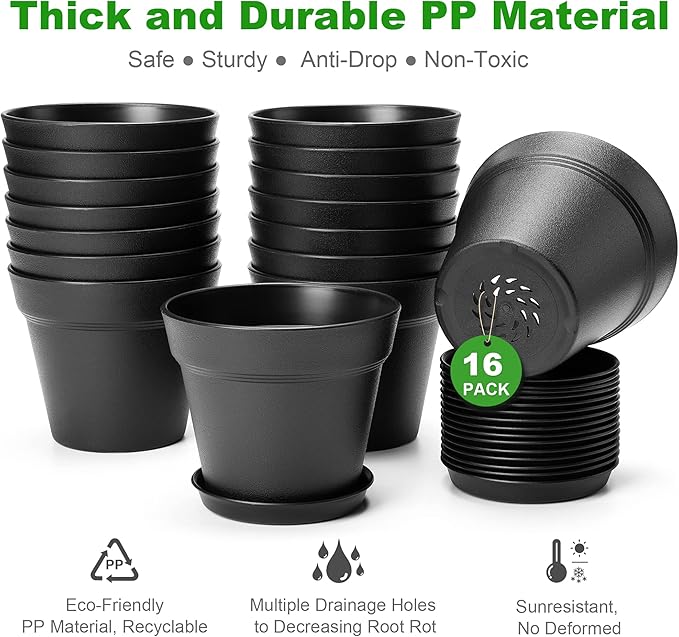 16 Pack Plastic Plant Pots with Drainage Holes and Tray, 4 inch Thickened Indoor Planters Seedlings Nursery Pots for Flowers, African Violet, Succulent and All House Plants, Green