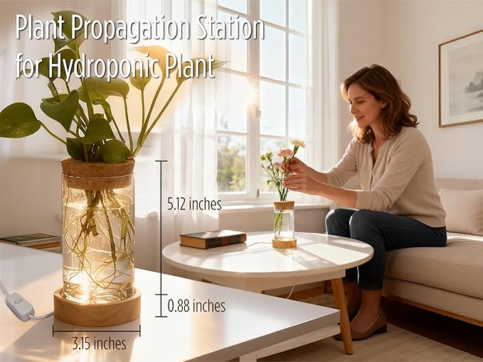 Plant Propagation Station with Light, Glass Planter Station with Waterproof Lighted Wooden Base, Desktop Hydroponic Plants Terrarium, Cylindrical Glass Planter for Home Decor & Office Decor