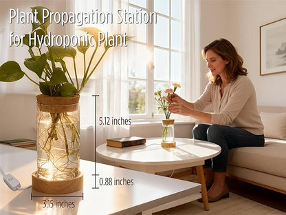 Plant Propagation Station with Light, Glass Planter Station with Waterproof Lighted Wooden Base, Desktop Hydroponic Plants Terrarium, Cylindrical Glass Planter for Home Decor & Office Decor