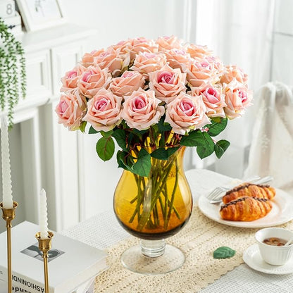 Fake Roses Faux Flowers Silk Roses Artificial Roses with Stems Realistic Artificial Flowers 16.5In Suitable for Indoor Home Decoration DIY Bouquet Wedding Decor Party Decor (Pink, 24PCS)