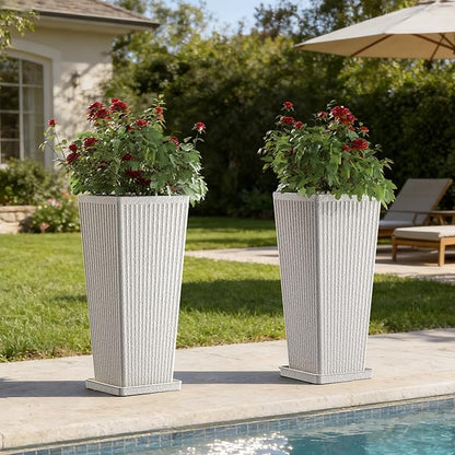 Square Tall Planters for Outdoor Plants Set of 2-23.6" Heavy-Duty Classic Tapered Indoor Flower Pots with Drainage Holes/Partition/Tray, Large Outdoor Planters for Porch Patio Garden, White