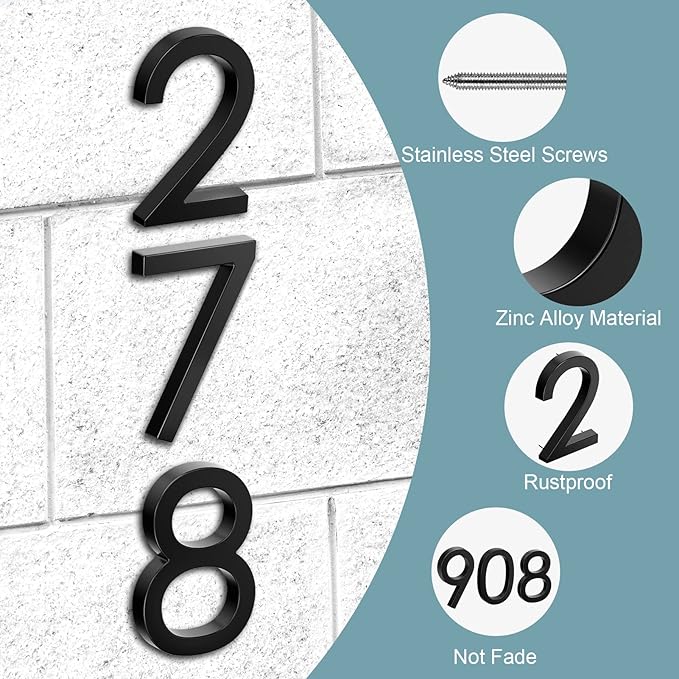 6" Floating Stainless Steel Address House Number, Modern Metal Anti-Rust House Numbers with Nail Kits for Door Garden Mailbox Decor Visibility Signage (9)