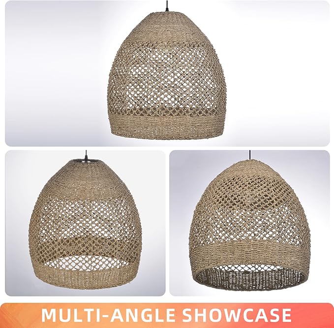 Arturesthome 19.6" Retro Rattan Woven Pendant Light Fixture, Chandelier with Lamp Shade Light Cover, Hanging Lighting for Kitchen Dining Room Foyer