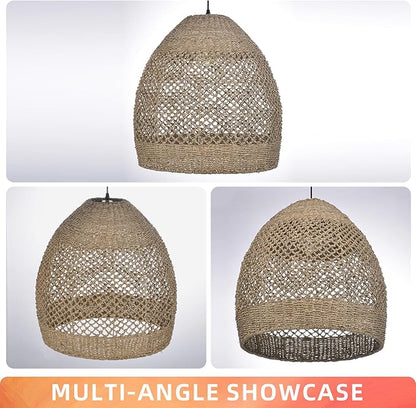 Arturesthome 19.6" Retro Rattan Woven Pendant Light Fixture, Chandelier with Lamp Shade Light Cover, Hanging Lighting for Kitchen Dining Room Foyer