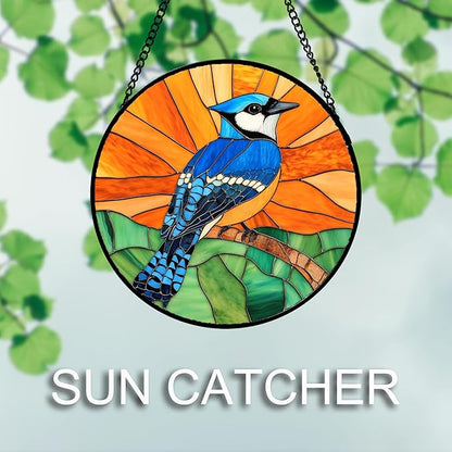 Stained Glass Window Hanging 4 Pcs Set Birds Large 15" - Cardinal Blue Jay Suncatcher Door Garden Sun Catcher Decor Birthday Christmas for Bird Lovers Mom Woman Nana Men
