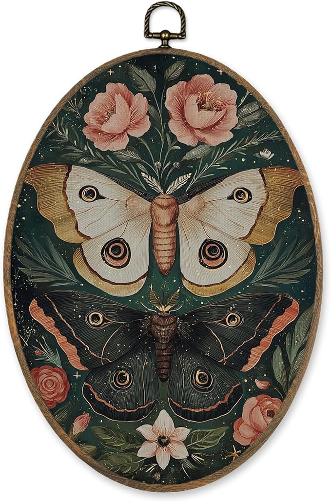 LKETW Vintage Floral Butterfly Oval Wall Art Decor, Gothic Dark Academia Butterfly Oval Canvas Hanging Decor, Cottagecore Moth Botanical Wall Decorations for Home Bedroom Living Room, 8.6x11.4 Inch