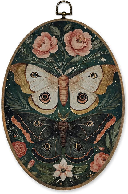 LKETW Vintage Floral Butterfly Oval Wall Art Decor, Gothic Dark Academia Butterfly Oval Canvas Hanging Decor, Cottagecore Moth Botanical Wall Decorations for Home Bedroom Living Room, 8.6x11.4 Inch