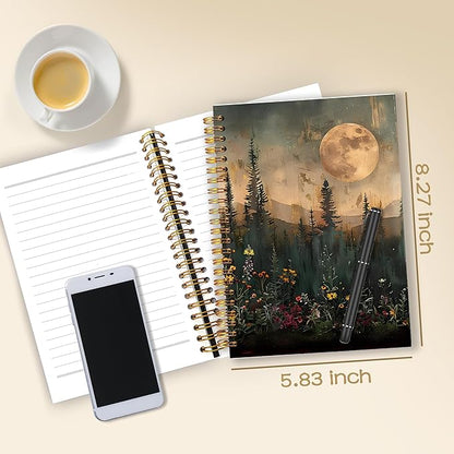 Moody Moonlit Night Forest Nature Notebook Journal 5.5x8.3, Vintage Pine Tree Plant Journaling Notebook, Dark Academia Cottagecore Wildflower Botanical Journal