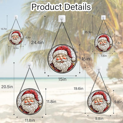 Stained Glass Window Hanging - Red White Santa Claus Suncatcher for Doors Home Christmas Decoration Winter Sun Catcher Thanksgiving New Year Birthday Gifts for Women Men Mom Nana Girl 7.8 in