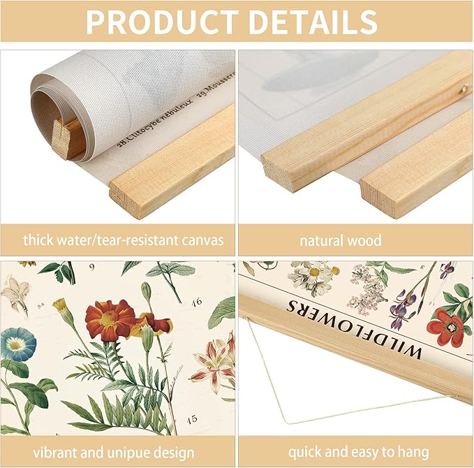 Vintage Wildflowers Poster Botanical Wall Art Prints Colorful Rustic Style of Floral Wall Hanging Illustrative Reference Flower Chart Poster for Living Room Office Bedroom Decor Frame 15.7 x 23.6 Inch