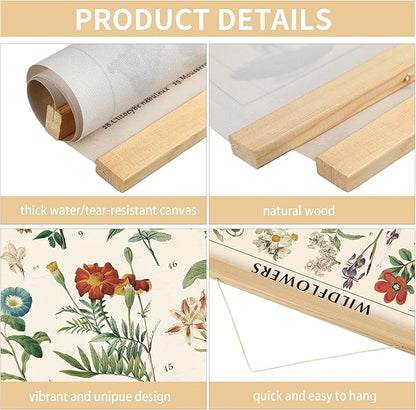 Vintage Wildflowers Poster Botanical Wall Art Prints Colorful Rustic Style of Floral Wall Hanging Illustrative Reference Flower Chart Poster for Living Room Office Bedroom Decor Frame 15.7 x 23.6 Inch