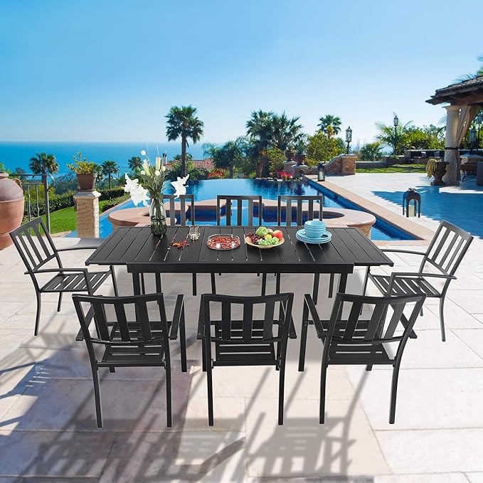 PHI VILLA 9 Piece Patio Dining Table Set, Expandable Rectangular Metal Dining Table & 8 Steel Chairs for Outdoor, Deck, Yard