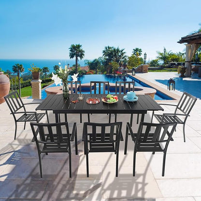 PHI VILLA 9 Piece Patio Dining Table Set, Expandable Rectangular Metal Dining Table & 8 Steel Chairs for Outdoor, Deck, Yard
