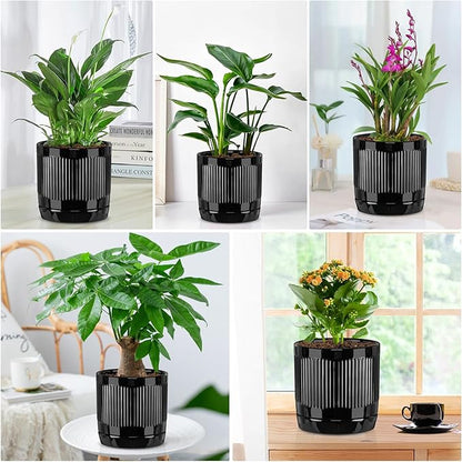 Vanavazon Ceramic Planter Pots for Indoor Plants with Drainage Hole and Saucer,6 Inch Cylinder Plant Pots,Glazed Finish Interior and Exterior,Set of 2 (Black)