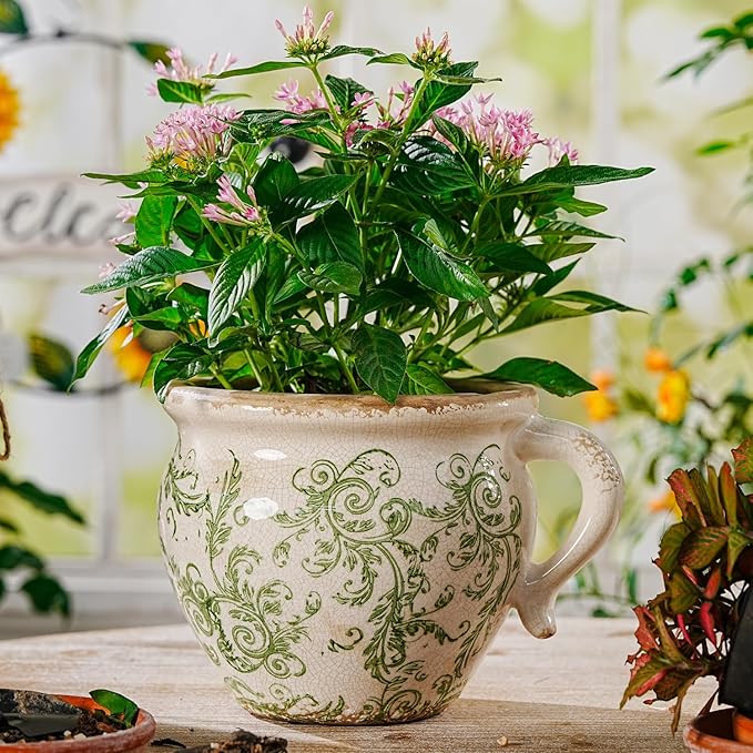 Sungmor Set of 2 Vintage Ceramic Planters with Handle - Rustic Crackle Glaze Flower Pots with Scroll Design, Drainage Hole Indoor Outdoor Decorative Plant Containers, Tuscan Decor Pots