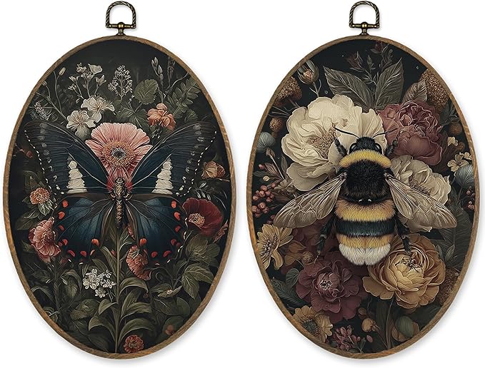 LKETW Vintage Floral Butterfly Bee Oval Wall Art Decor, Dark Cottagecore Oval Canvas Hanging Decor, Rustic Botanical Wildflower Wall Decorations for Home Living Room Bedroom, 8.6x11.4 Inch Set of 2
