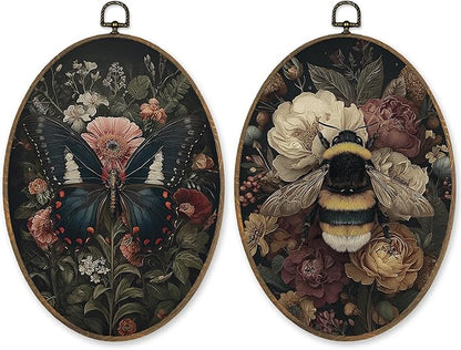 LKETW Vintage Floral Butterfly Bee Oval Wall Art Decor, Dark Cottagecore Oval Canvas Hanging Decor, Rustic Botanical Wildflower Wall Decorations for Home Living Room Bedroom, 8.6x11.4 Inch Set of 2