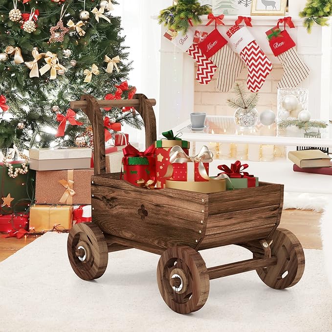 Tangkula Wooden Wagon Planter Box, Decorative Garden Planter w/Wheels, Handle, Drain Hole, Rustic Wooden Flower Cart for Indoor & Outdoor Decor for Patio, Garden, Balcony (27" L x 15" W x 21" H)