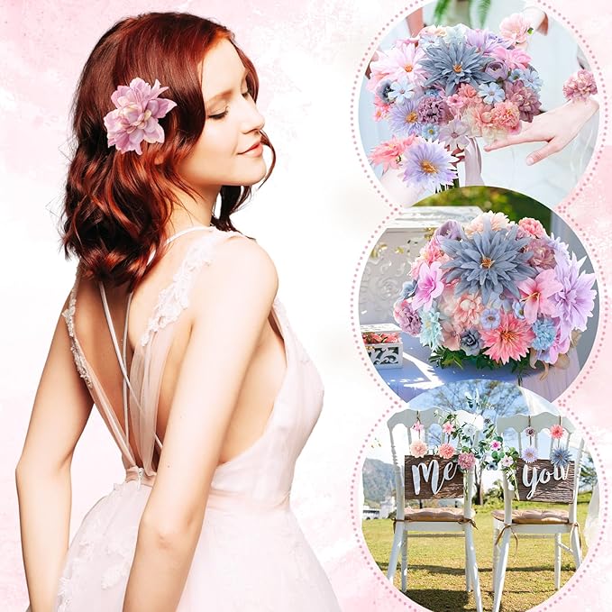80 Pcs Assorted Fake Flower Heads Mini Artificial Flower Heads Bulk Silk Faux Daisy for Crafts Fake Peony Rose for Wedding Party Wreath Home Decoration(Blue, Purple, Pink)