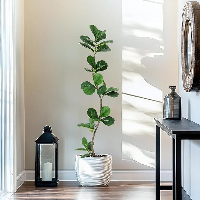 Artificial Fiddle Leaf Fig Tree, 5ft Faux Ficus Tree with Black Nursery Planter, Fake Plant for Home, Office, Living Room