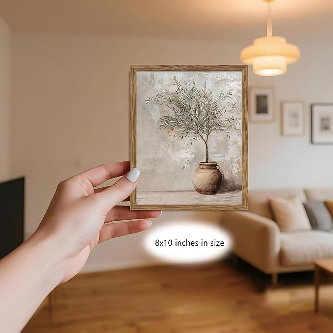 Vintage Olive Tree Framed Wall Art Prints, Modern Farmhouse Botanical Canvas, Rustic Potted Plant Paintings Wall Decor, Home Decor Aesthetic Pictures for Living Room Bedroom – 8x10 inch