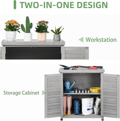 Potting Bench with Storage Cabinet and Metal Table Top for Outdoor Patio, Garden Furniture Wood Workstation