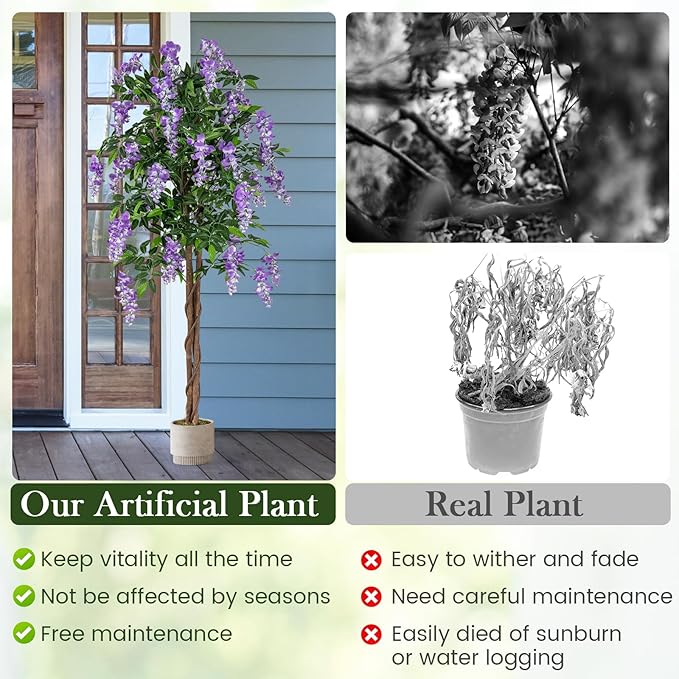 Goplus 5.5FT Ficus Artificial Tree, 2 Pack Faux Wisteria Tree in Nursery Pot with Blooming Flowers, Fake Potted Tree Greenery Floor Plant for Indoor Home Office Porch Living Room Decor