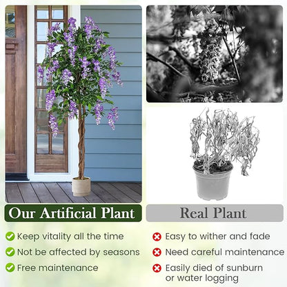 Goplus 5.5FT Ficus Artificial Tree, 2 Pack Faux Wisteria Tree in Nursery Pot with Blooming Flowers, Fake Potted Tree Greenery Floor Plant for Indoor Home Office Porch Living Room Decor