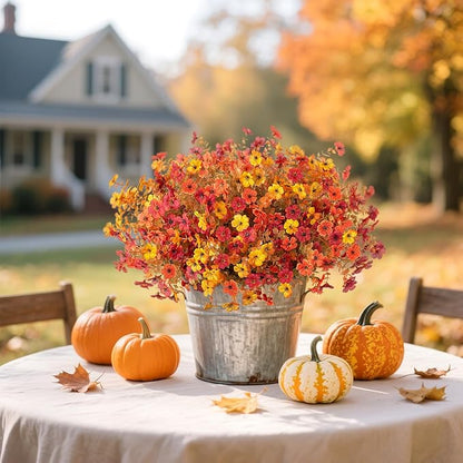 12 Bundles Fake Mums Fall Flowers Artificial for Outdoors Decoration Artificial Mums Faux Plants Daisy for Outdoor Outside Planters UV Resistant Violets for Fall Decor Home Porch Door Front Patio Yard