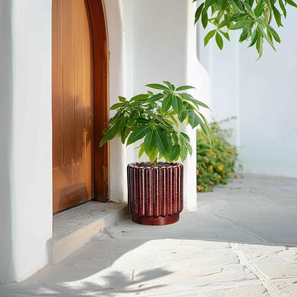 Ceramic Flower Pots - 9.6 Inch Ceramic Pots for Plants Indoor, Large Decorative Plant Pot with Drainage Hole, Fluted Round Planter for Outdoor Plants, Home Decor, Gardening Gifts, Red